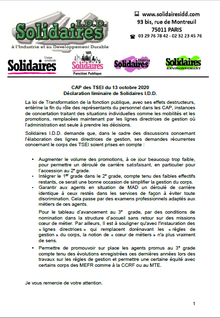 Déclaration liminaire Solidaires IDD CAP TSEI 13octobre2020